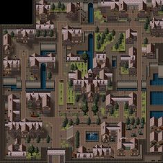 a map of a city with lots of buildings and trees on it's sides