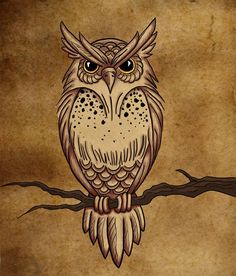 an owl sitting on top of a tree branch with eyes wide open and brown background