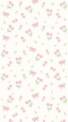 a pink and green flower pattern on a white wallpaper with bows, flowers and leaves