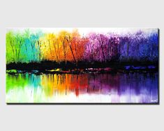 an abstract painting of trees and water