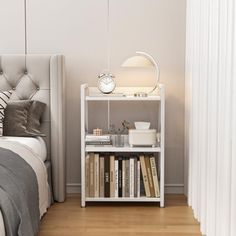 a bedroom with a bed, nightstand and bookshelf next to the window in front of it