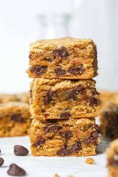 chocolate chip cookie bars stacked on top of each other