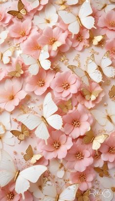 pink and white flowers with gold butterflies on the petals, as well as some glitter