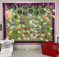 the grocery store bulletin board is decorated with items