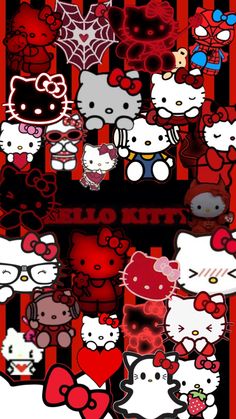 hello kitty wallpapers are all over the place in front of a red and black background