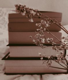 three books stacked on top of each other with flowers growing out of the pages in front of them