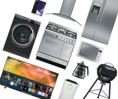 various appliances are arranged on a white background