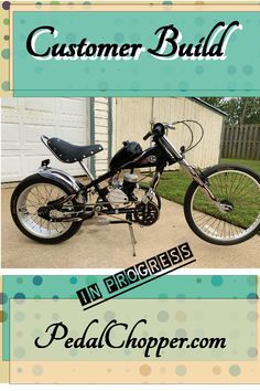 an old motorcycle is parked in front of a garage with the words customer build on it