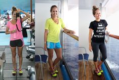 three photos of women in different poses on the deck of a boat, one with her hand on her head