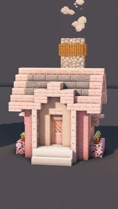 a small pink house with a brick chimney and door in the front, on a dark background