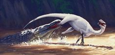 a painting of a large white bird in the water