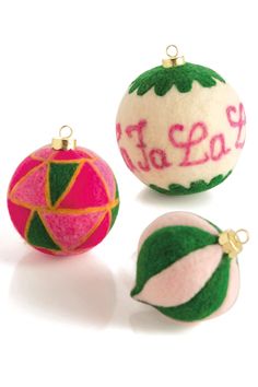 small: D 3", medium: D 4", large: D 5"; polyester, wool and polystyrenePlease specify which felt ornament you'd prefer. Quirky Ornaments, Unique Decorations, Unique Ornaments, Felt Christmas Ornaments, Jingle All The Way, Christmas Candy Cane, Felt Christmas, Felt Ornaments, Green Christmas