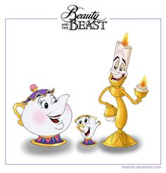 beauty and the beast cartoon character holding a teapot with two other characters around it