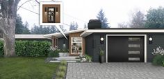 a rendering of a house with an open garage door and brick walkway leading to the front entrance