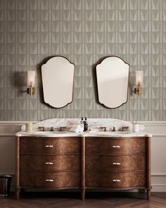 two mirrors on the wall above double sinks in a room with wood floors and walls