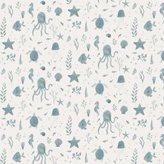 an ocean themed wallpaper with blue and white sea animals, stars, and other marine creatures