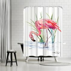 a pink flamingo standing in the water shower curtain