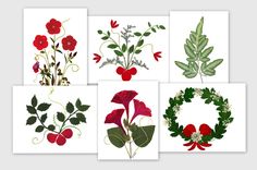 four christmas cards with red flowers, green leaves and wreaths on white card board