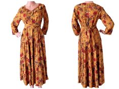 Vintage 80s maxi tiered dress with prairie style. The dress is with ruffled collar, with 2 side pockets, self belt. With great autumn floral print. I think it fits well size S, M and L/ the model is size S/. Measurements /flat/ - shoulder to shoulder 16.5''/42cm armpit to armpit 19''/48cm waist 34''/88cm max hip 44''/112cm length 50''/127cm Very good condition Long Tiered Dress, Prairie Dresses, Yellow Autumn, Dresses Boho, Ruffled Dress, Prairie Style, Ruffled Collar, Ruffled Maxi Dress, Dress With Pockets