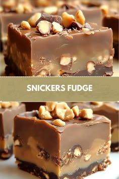 some kind of chocolate fudge with nuts on top and the words snickkers fudge above it