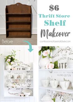 there is a shelf with flowers on it and the words, thrift store shelf makeover