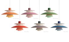 six different colored lamps hanging from the ceiling