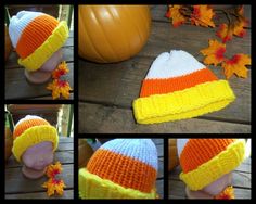 four pictures of a child's hat with orange, white and yellow stripes