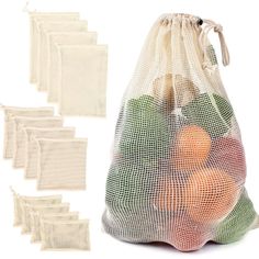 five bags with different types of fruit in them and one bag has six small pouches