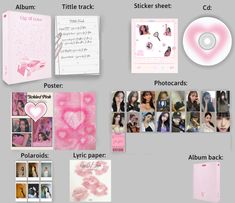 the contents of a pink album with pictures, cd and stickers on it's cover