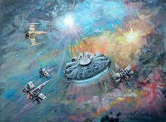 a painting of star wars ships flying in the sky