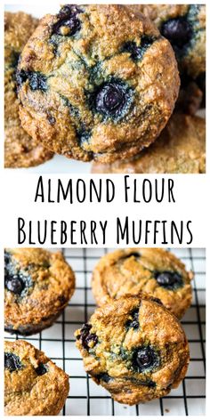 blueberry muffins on a cooling rack with the words, almond flour blueberry muffins