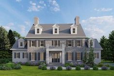 this is an artist's rendering of a house in the country style with large windows and shutters