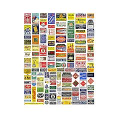 a collage of various types of beer labels on white paper, with one large square in the middle