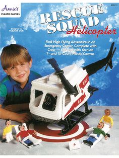 an advertisement for the plastic model rescue squad helicopter, featuring a boy with his toy airplane