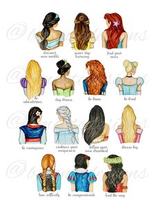 disney princesses with their hair styles in different colors and hairstyles on them