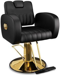 a black and gold barber chair on a white background