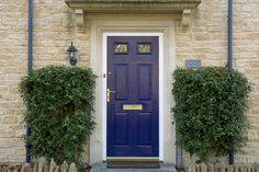 a blue front door with two planters on either side