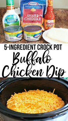 the ingredients for an easy crock pot buffalo chicken dip are shown in this collage