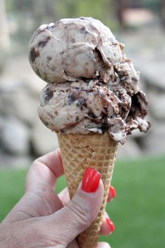 a hand holding up an ice cream cone with chocolate chunks on top, in front of a grassy area