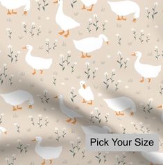 ducks and daisies on beige background with text pick your size