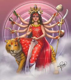 a woman in a red dress sitting on top of a tiger and holding two swords