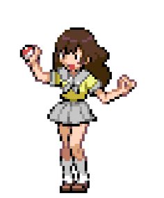 a pixel art girl holding an apple in her hand and pointing to the side with both hands