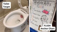 two pictures one showing a toilet and the other shows a sign that says, restroom rules flush anchor chart