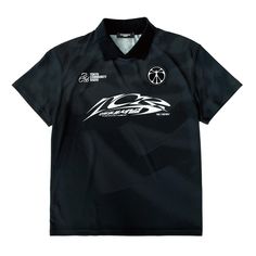 a black polo shirt with white lettering on the front and side, featuring an image of a