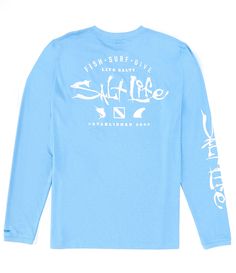 From Salt Life&#x2C; this T-shirt features:Crew necklineLong sleeves; with logo detail on the right armSmall "Salt Life" logo&#x2C; graphics and verbiage on the frontLarge "Salt Life" logo&#x2C; graphics and verbiage on the backPullover constructionSLX performance designUV 30 sun protectionQuick drying and moisture wicking fabricPolyester/spandexMachine wash/hang to dryImported. Blue Crew Neck Screen Print Top, Blue Crew Neck Top With Screen Print, Long Sleeve Top With Front Print For Spring, Spring Long Sleeve Top With Front Print, Moisture-wicking Long Sleeve Summer Top, Long Sleeve Tops With Screen Print For Summer, Long Sleeve Summer Tops With Screen Print, Spring Moisture-wicking Crew Neck Top, Casual Crew Top With Front Print