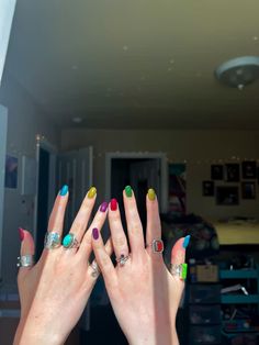 silver rings. summer nails. multicolor nails. boho rings. Multicolor Nails Designs, Simple Nails Multi Color, Easy Nail Color Combos, Each Nail A Different Color, Mix Match Nails Colour, Nails Two Colors Each Hand, Color Combinations For Nails, Nail Color Patterns, Short Mismatched Nails