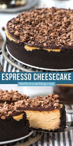 a cheesecake with chocolate and peanut butter on top is shown in three different photos