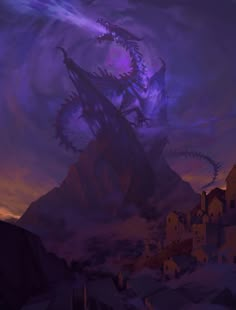 a dragon is standing on top of a mountain in front of a purple and blue sky