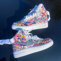 - Custom Air Force 1 Splatter - Size 5.5y - Ready To Mail! - Splattered With Various Colorways On Authentic Air Force 1s! - Ships Once Purchase Is Made - Comment For Questions! Nike Shoes Custom, Nike Air Force High, Air Force 1 High Tops, Cheap Nike Trainers, Nike Shoes Blue, Nike Shoes Air Force, Jordan Shoes Girls, Custom Air Force 1, Air Force One