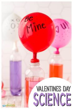 valentine's day science experiment for kids with balloons and liquid in beakles on the table